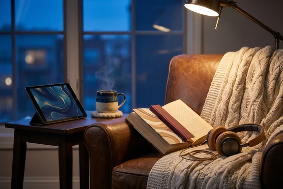 Listener with headphones, leather-bound book and warm reading lamp