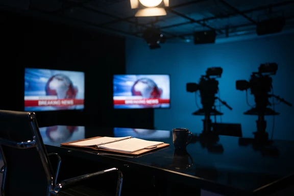 Television news studio with anchor desk and large monitor