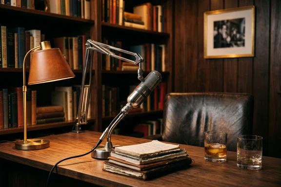 Late-night podcast desk with warm pendant lamp and condenser microphone