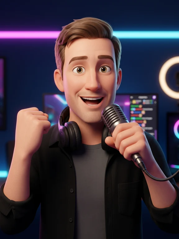 American male streaming host with energetic expression in a bright neon-lit studio with vintage microphone