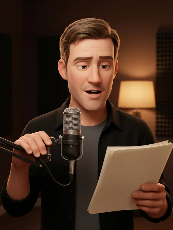 American male narrator leaning into a vintage microphone in a moody library lit by a single warm lamp