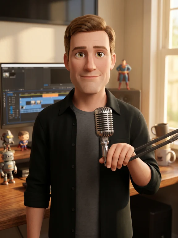 American male animation host with neutral expression at a vintage microphone in a studio