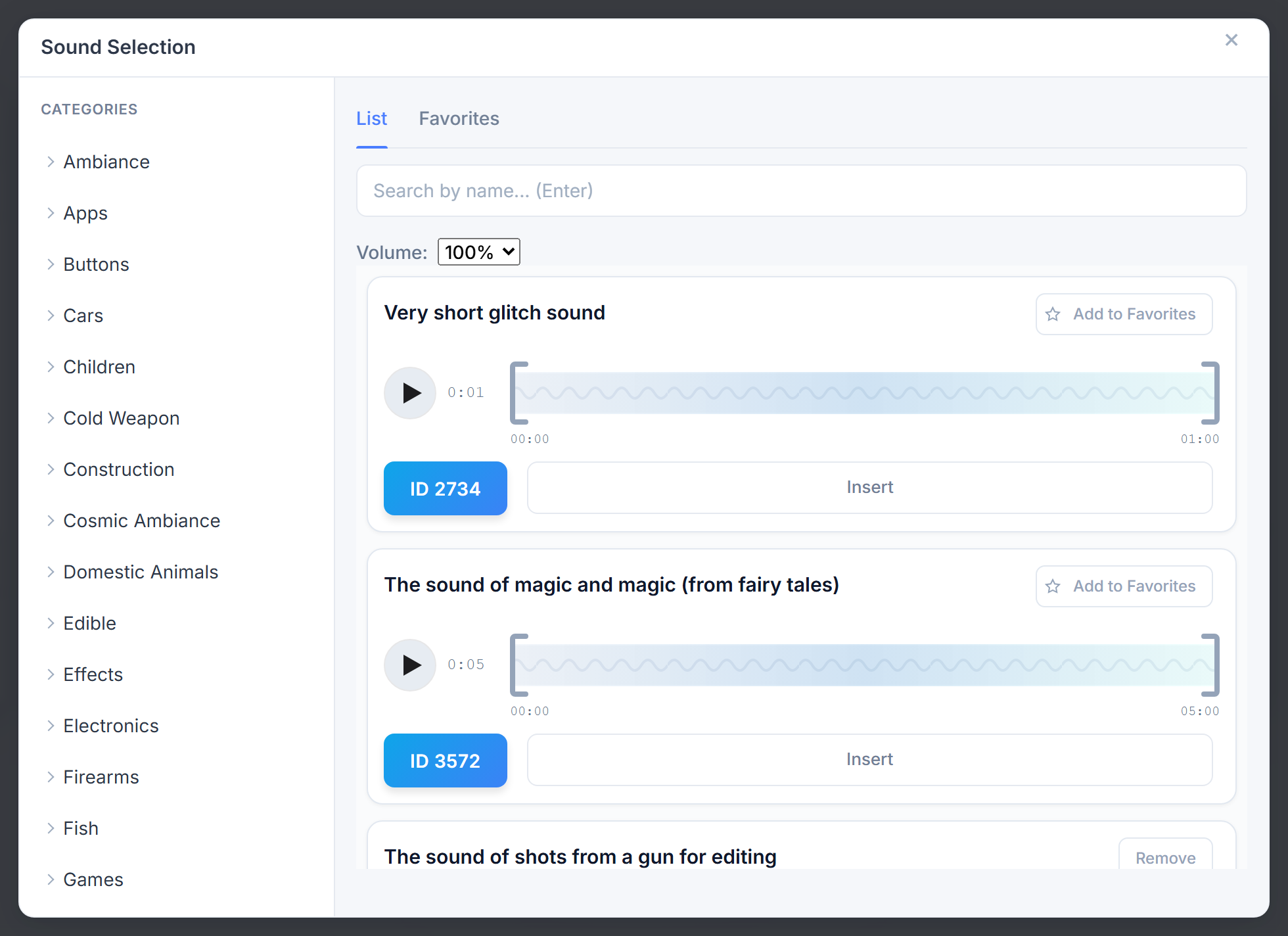 Sound Selection modal with categories and cards