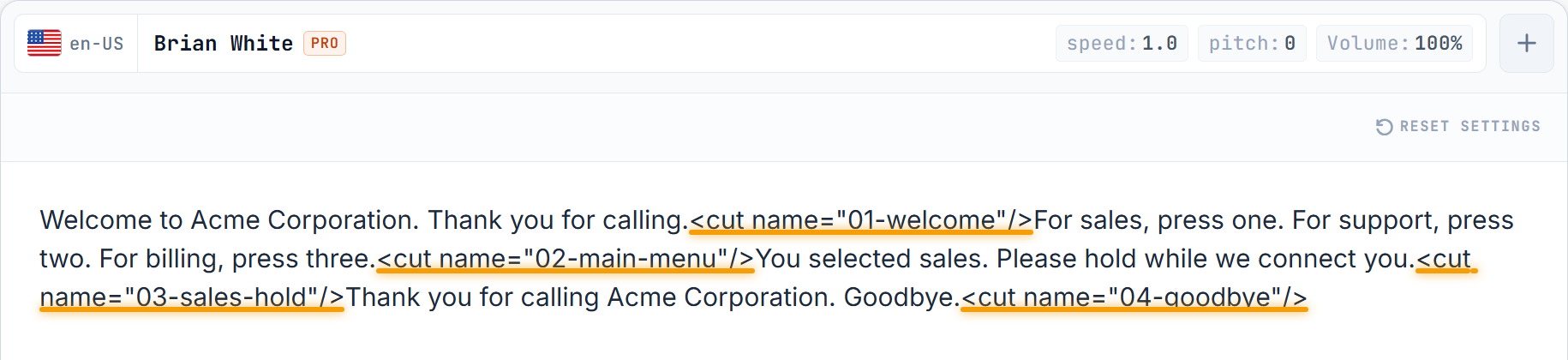 SpeechGen editor with a 4-segment IVR script pasted in. Four inline <cut name='01-welcome'/> through <cut name='04-goodbye'/> tags are underlined in orange.