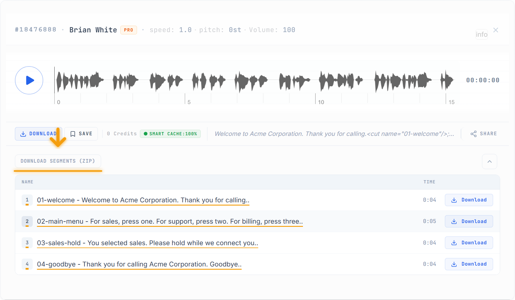 Result panel with 4 named MP3 segments (01-welcome, 02-main-menu, 03-sales-hold, 04-goodbye), each with its own Download button and an orange-underlined DOWNLOAD SEGMENTS (ZIP) button at the top with a downward arrow pointing at it.