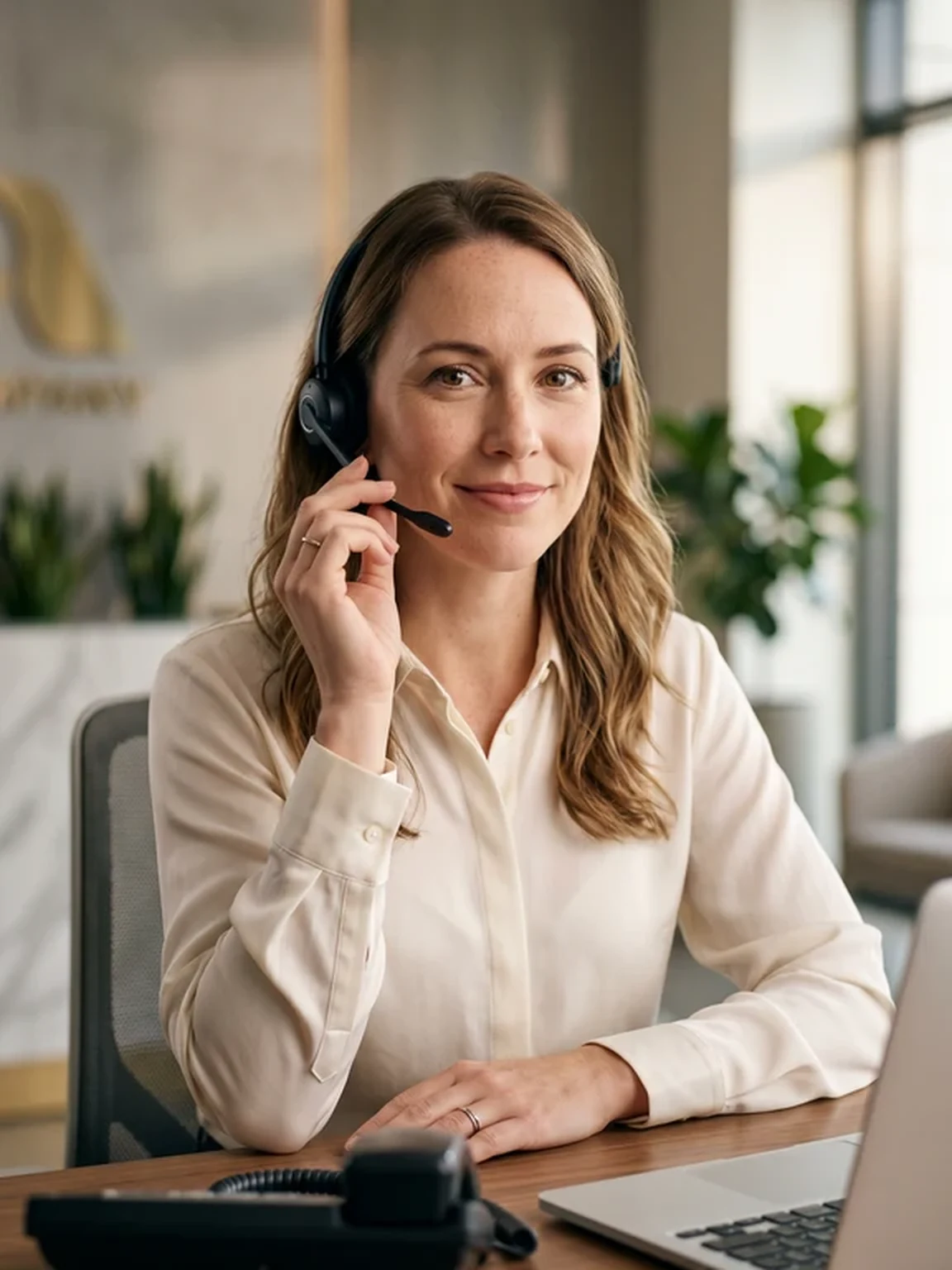 Friendly American woman wearing a cream blouse smiling warmly in a softly-lit professional office