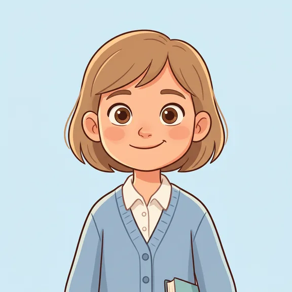 Cartoon illustration of a friendly American schoolgirl, around nine years old, neutral confident smile against a light pastel background