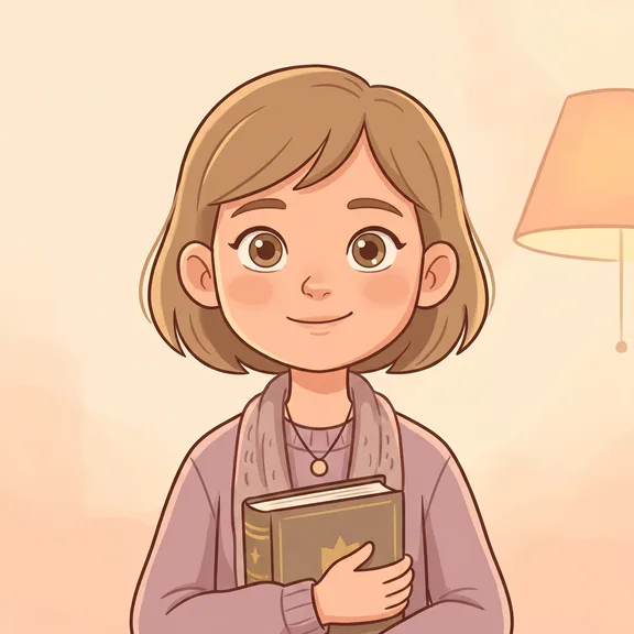 Cartoon illustration of the same girl, slightly older, holding a storybook with a calm thoughtful expression against a soft cream background