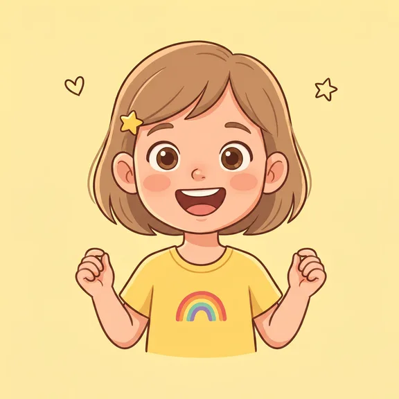 Cartoon illustration of the same girl, younger and more playful, brighter colours, smiling against a pastel yellow background