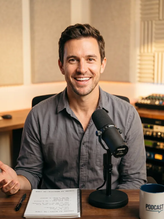 Energetic American man smiling at a microphone in a bright modern recording space
