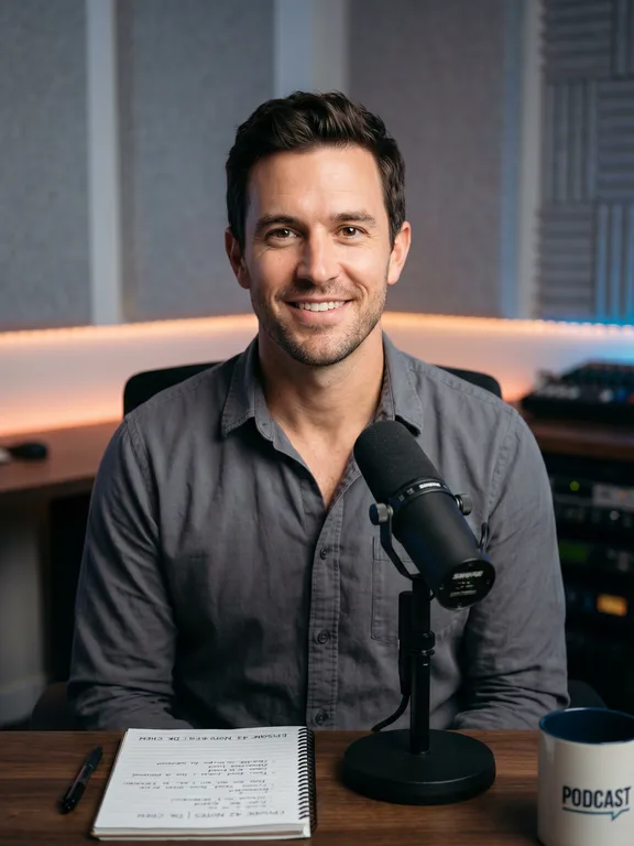 Friendly American man in a recording studio, confident posture, professional microphone setup