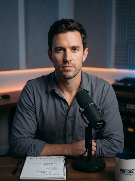 American man leaning toward a professional broadcast microphone, focused and composed in a studio