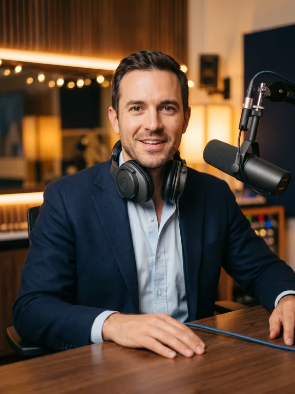 Same man, slight smile mid-sentence, headphones around the neck (not on), brighter warm key light suggesting podcast host energy