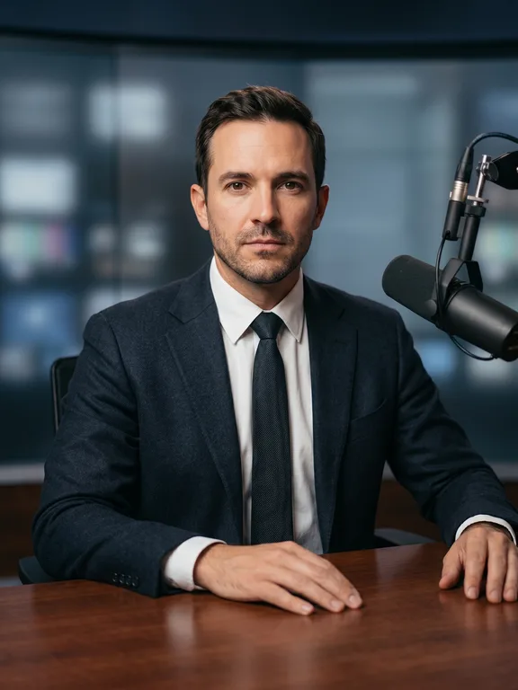 Same man, more serious composed expression, news studio backdrop with a hint of a screen wall, slight chiaroscuro lighting suggesting anchor-desk gravitas