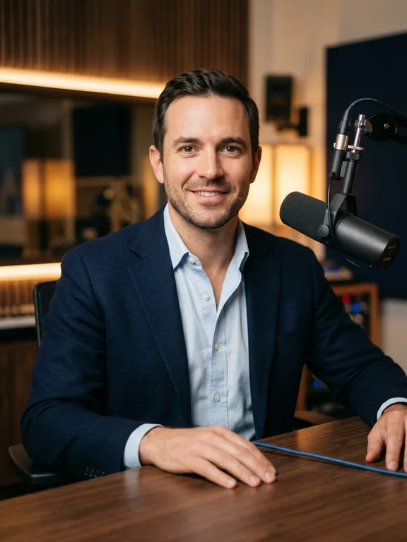 Portrait of an American man in his late thirties wearing a navy blazer, neutral confident smile, modern podcast studio background with warm key light