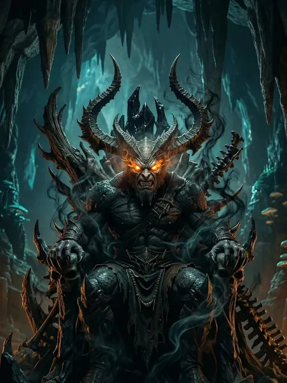 Massive demon lord on bone throne, terrifying