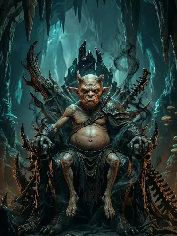 Scrawny pot-bellied imp on oversized throne, comical