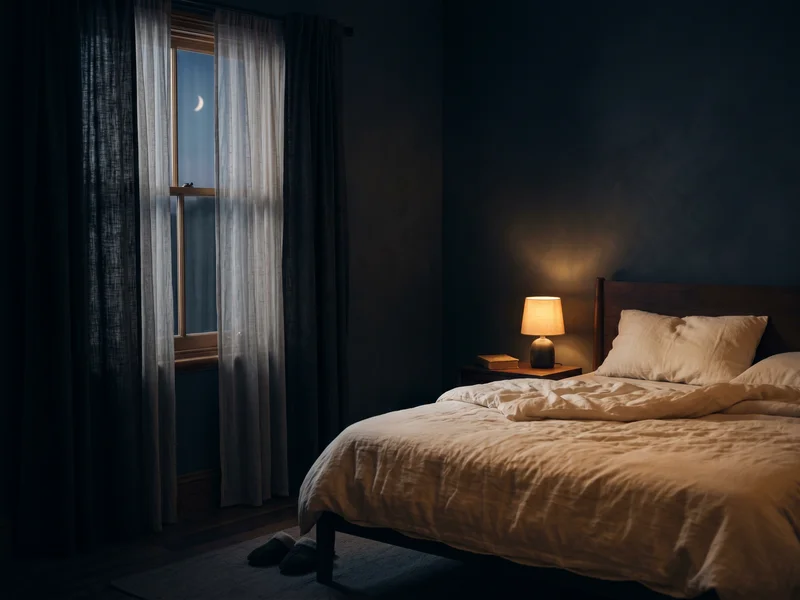 Bedroom at dusk with moon through curtains