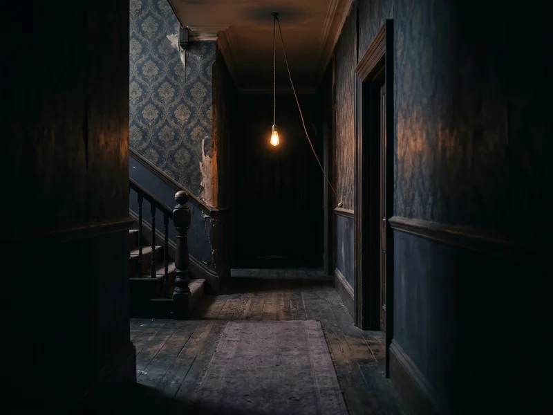 Dark hallway with single swinging bulb