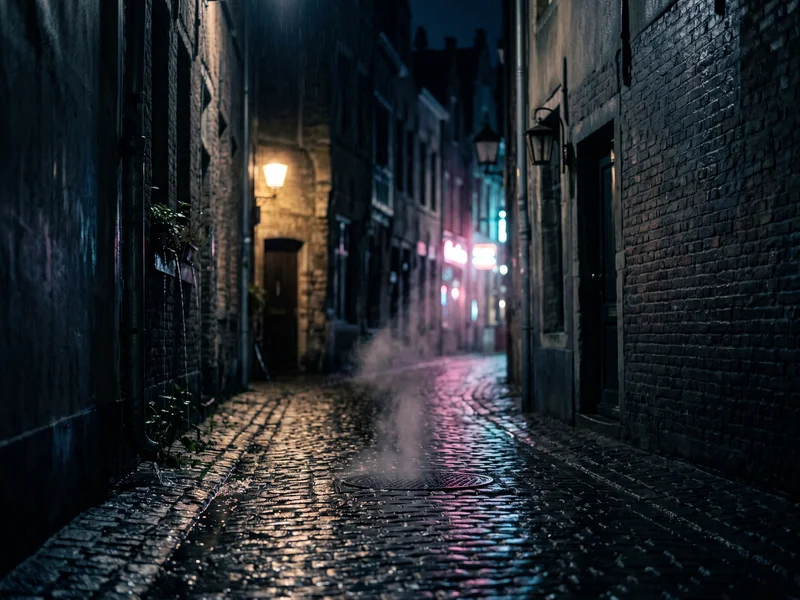 Rain-soaked alley with neon reflections