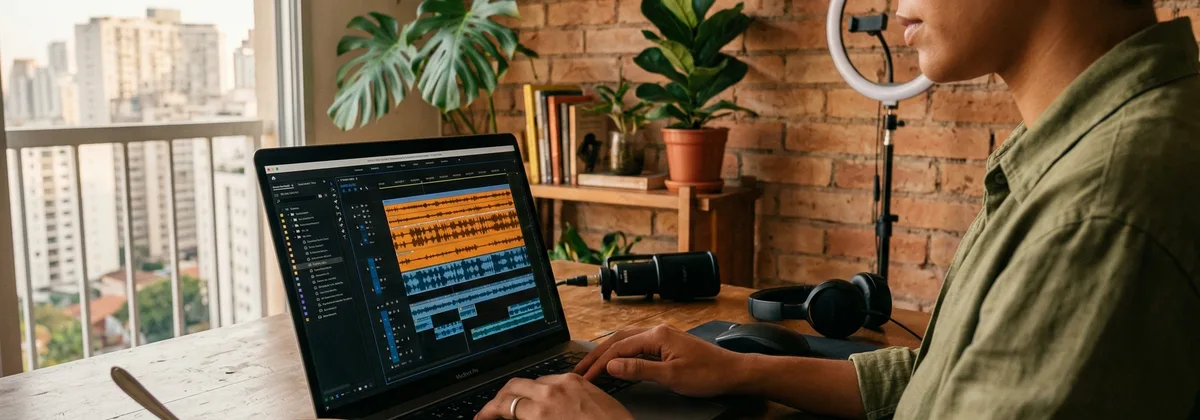 Criador de conteúdo editando narração IA no computador para vídeo do YouTube