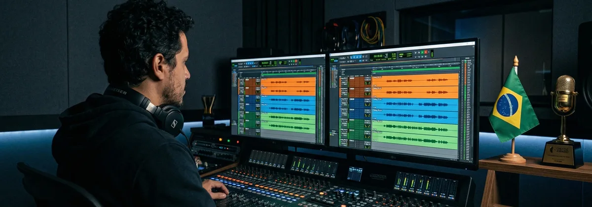 Estúdio de pós-produção com interface de locução IA no tela