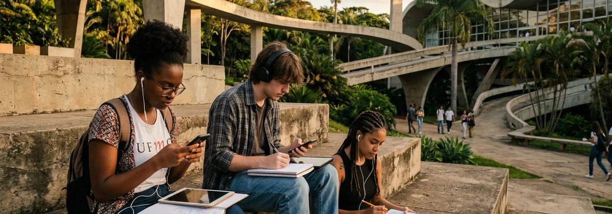 Estudantes num campus universitário brasileiro a ouvir conteúdo educativo em áudio