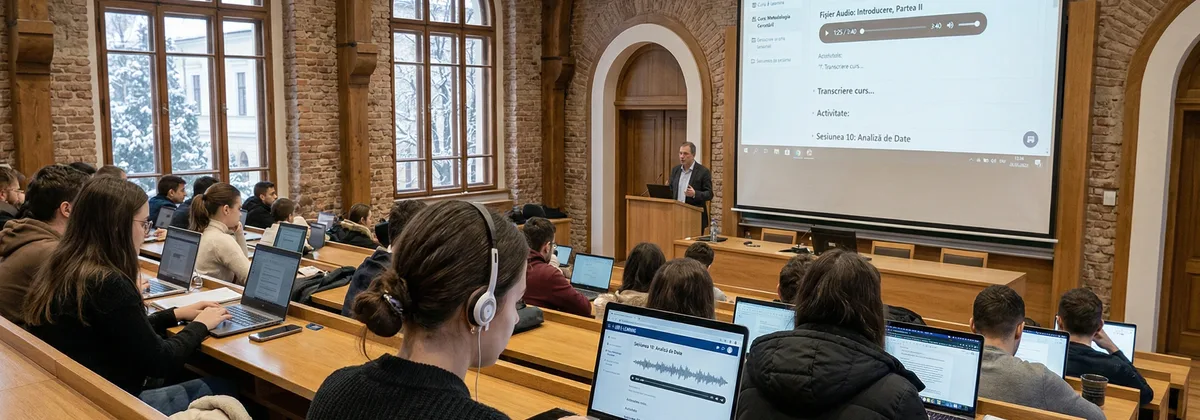 Studenți pe treptele campusului ascultând conținut educațional audio pe telefoane