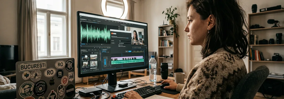 Creator de conținut lucrând la un video cu narațiune AI