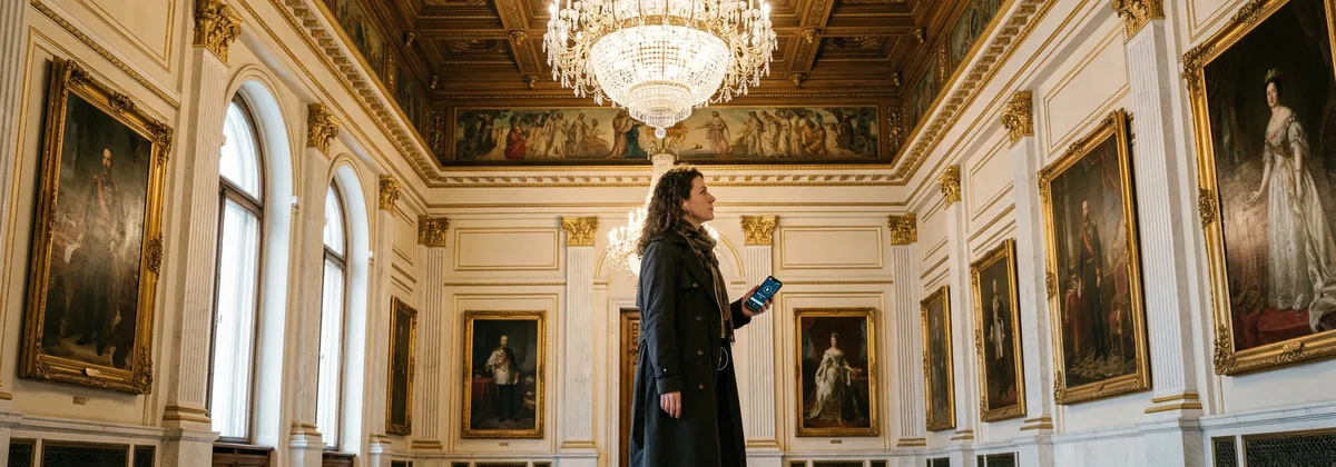Vizitator la muzeu ascultând un audioghid într-o sală cu coloane