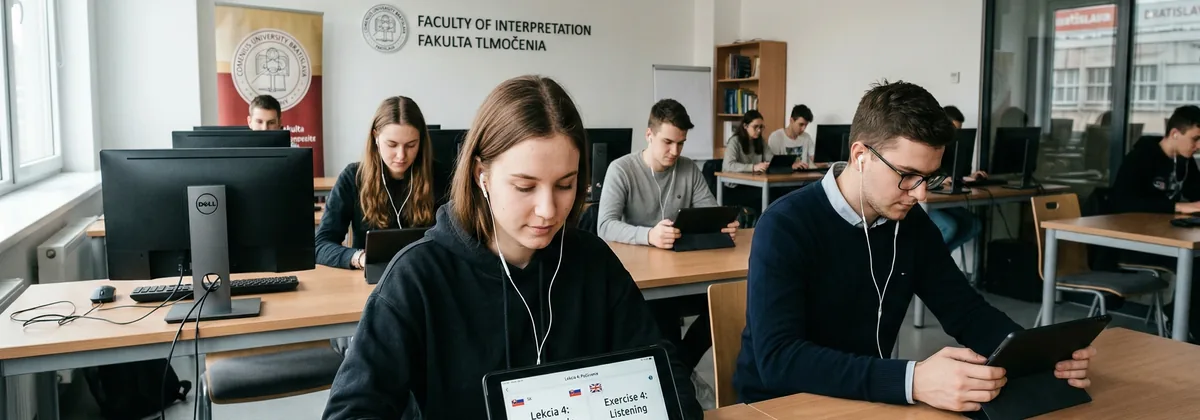 Študenti so slúchadlami pri dvojjazyčných audio cvičeniach v učebni