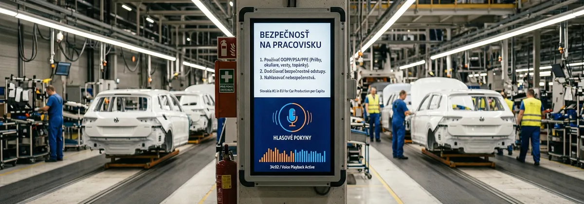 Bezpečnostný panel vo výrobnom závode s hlasovým rozhraním