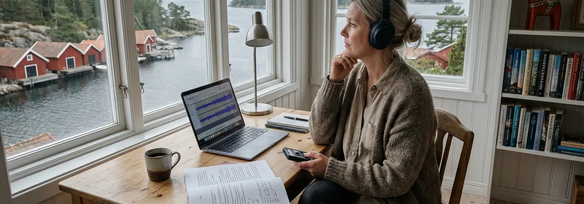 Författare sitter vid ett träbord med manus och hörlurar i ett hus vid vattnet på Västkusten
