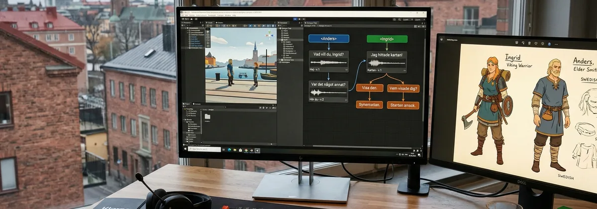 Game audio designer testar prototyp-röster vid sin skrivbord i en indiestudio i Stockholm
