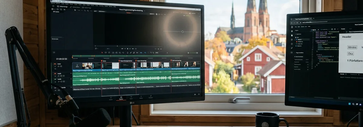 Innehållsskapare filmar förklarande video om teknik i ett hemmakontor i Uppsala med ljudinterface synligt