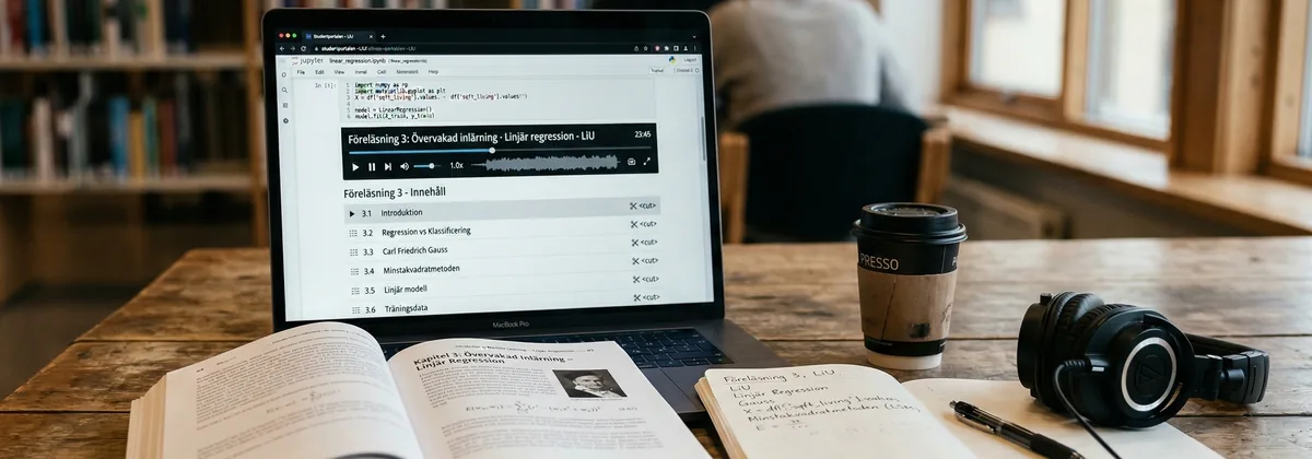 Student lyssnar på föreläsningsmaterial via hörlurar utanför universitetsbyggnaden i Linköping