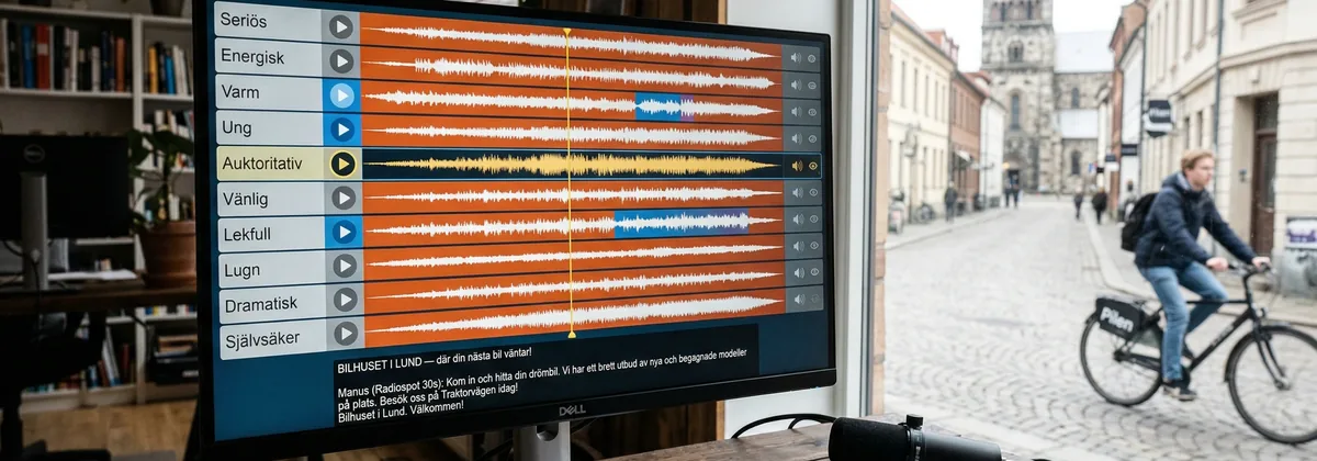 Copywriter på en reklambyrå lyssnar på flera röstversioner av samma radiospot på ett kontor i Lund