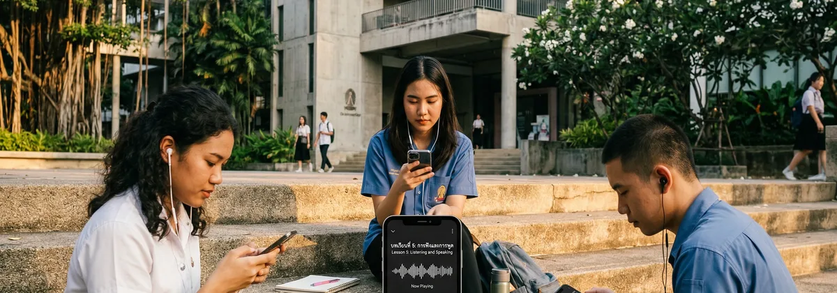 นักเรียนฟังบทเรียนเสียง AI บนมือถือ