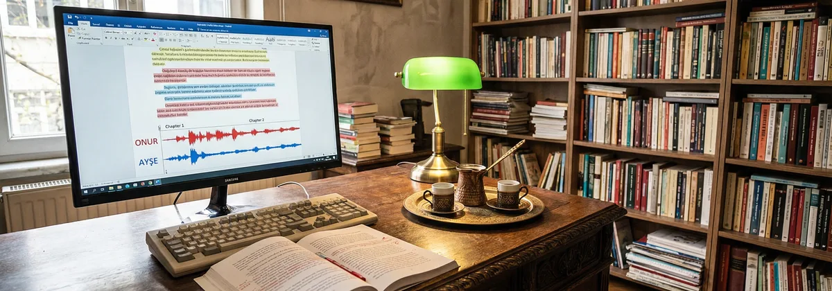 Yayınevi ofisinde sesli kitap projesi planlayan editör