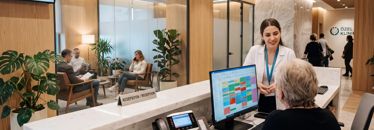 Klinik resepsiyon masasında telefon sistemi