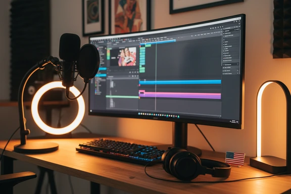 Studio casalingo con microfono podcast e spilla bandiera americana