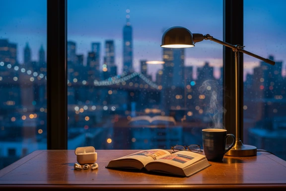 Libro aperto con auricolari e skyline di New York