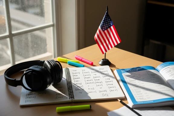 Scrivania studente con appunti fonetici inglese americano e cuffie