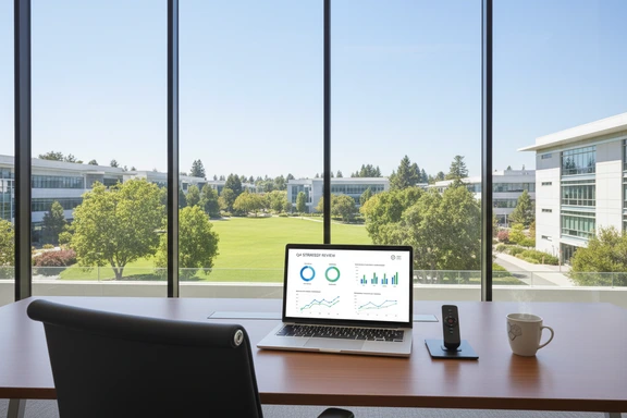 プレゼンスライドとシリコンバレーの景色が見えるガラス張りのオフィス