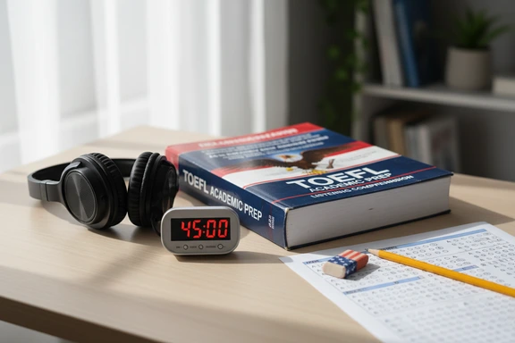 TOEFLの参考書とヘッドフォンがある勉強机