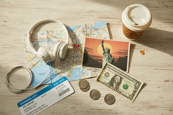 Flat-lay viaggio con mappa di New York e cartolina Statua della Libertà