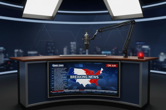 طاولة إذاعة إخبارية مع ميكروفون وشاشة خريطة أمريكا