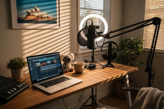 Estudio casero con micrófono de podcast y foto de la Ópera de Sídney en la pared