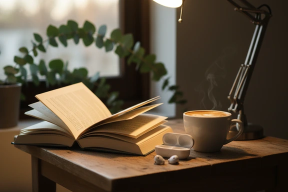Open paperback book with earbuds, mug of flat white and window view of eucalyptus trees