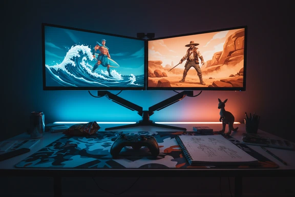 Indie gaming desk with controller, surfer character concept art on screen and kangaroo figurine